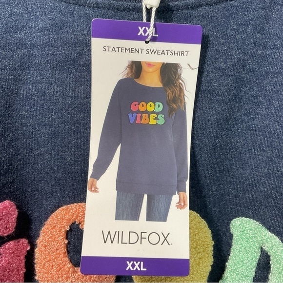 WildFox Size XXL Navy Blue Good Vibes Over Size Crew Neck Sweater NWT - Picture 5 of 7